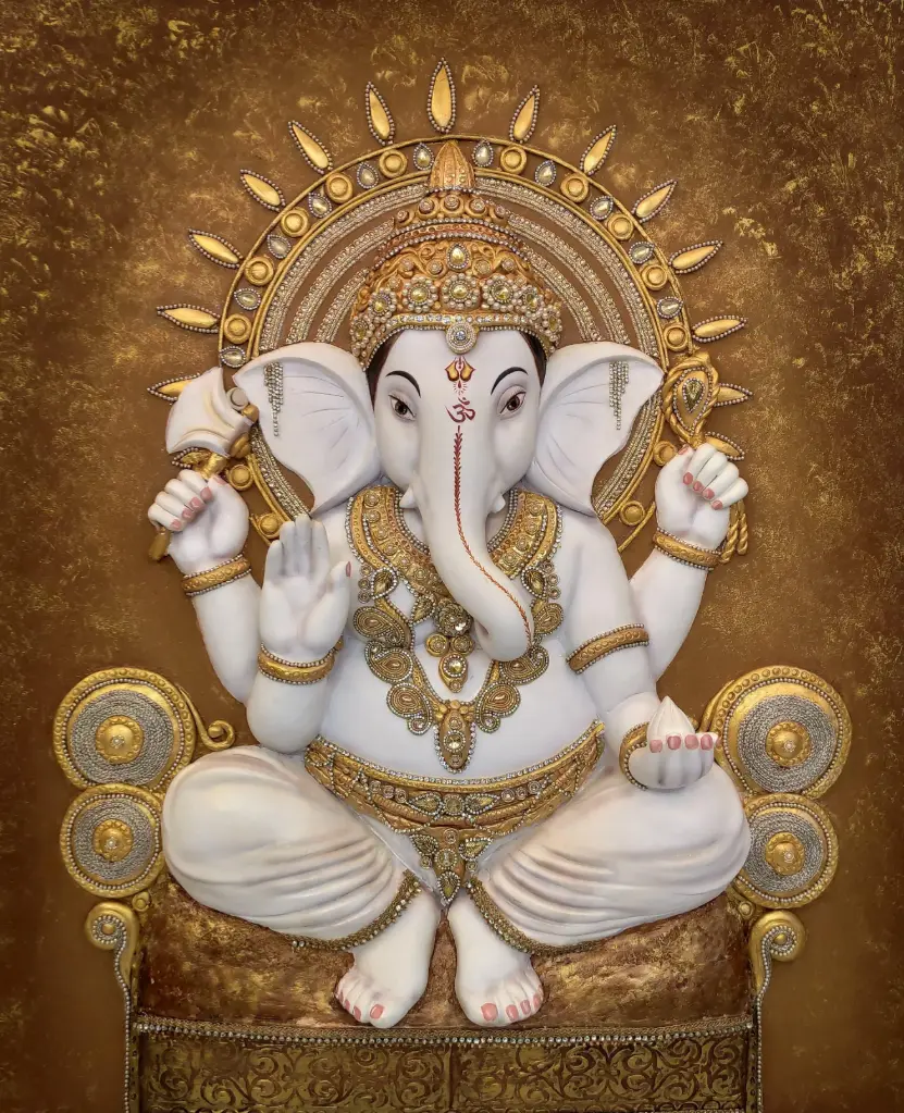 Divine Lord Ganesha Wall Art – Embellished 3D Relief in Gold & White